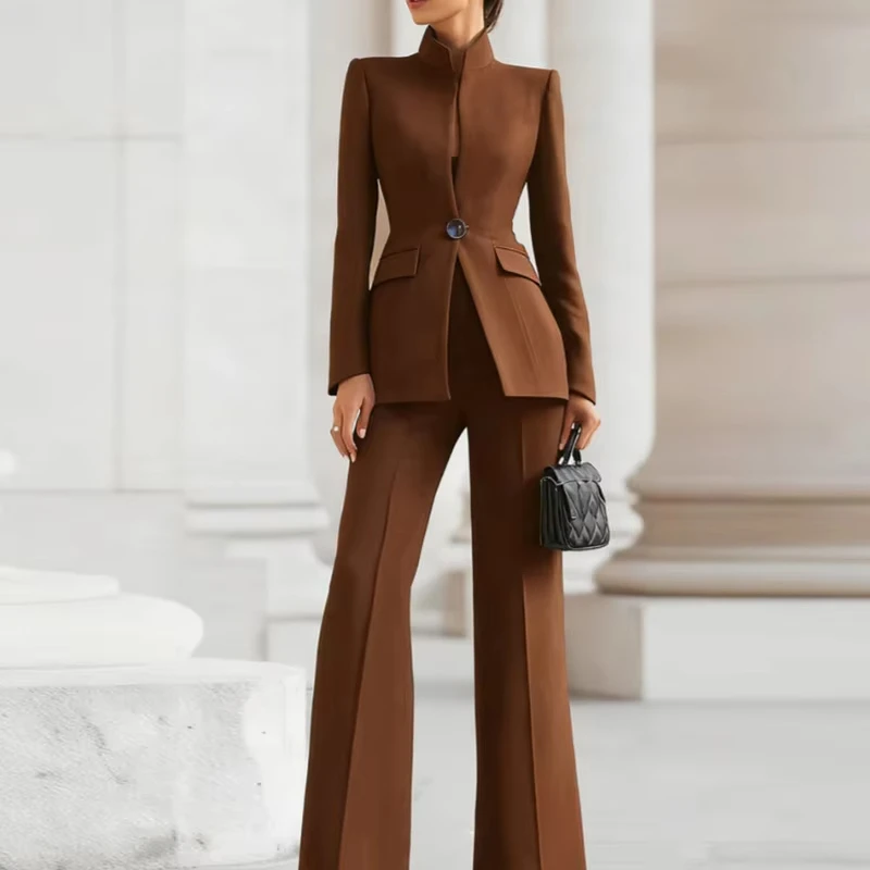 Conjunto Elegante de Blazer de Manga Longa + Calças, Outono, Cor Sólida Simples, Roupa para Trabalho, Conjunto Profissional Feminino Slim Fit
