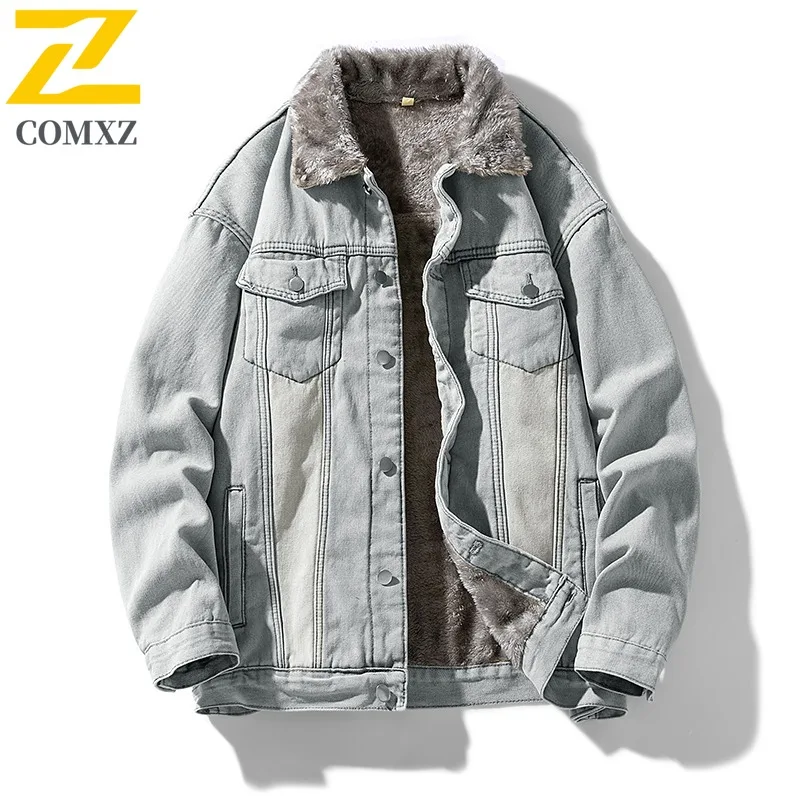 

COMXZ Мужское стеганое пальто с отложным воротником, уличная ветрозащитная джинсовая куртка для кемпинга, модное легкое зимнее хлопковое пальто для верховой езды