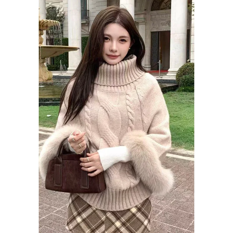 Women's Winter New Korean Style Turtleneck Cable Knit Cape Sweater Oversized Lazy Design Knitwear Top