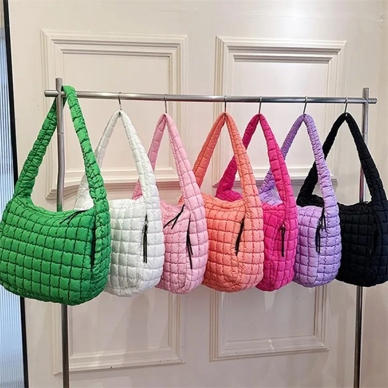 Vibrant Quilted Puffer Shoulder Bag Trendy Lightweight Nylon Crossbody Bag Spacious Soft Stylish for Daily Casual & Chic Outfit