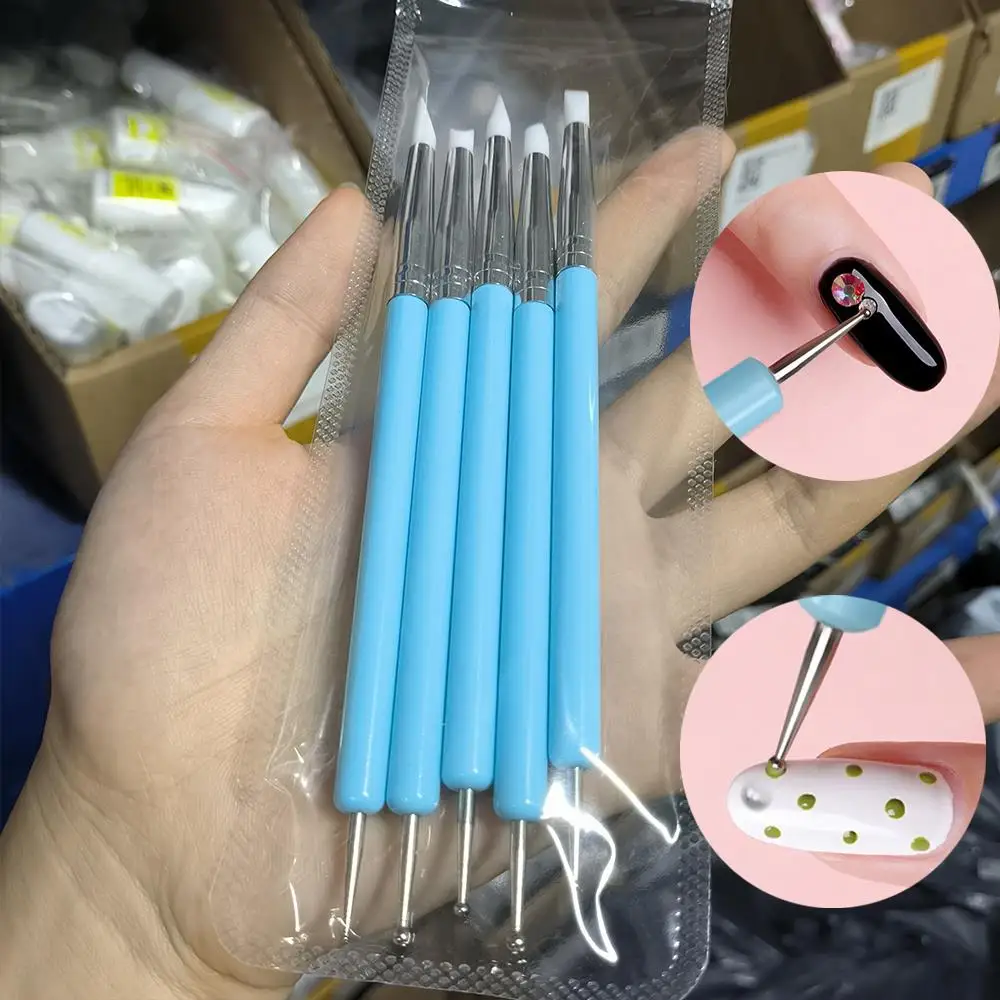 5 pz/set Double-Ended Intagliare e Unghie Che Punteggia Penna 2In1 Scultura In Silicone Pennello Del Fiore per UVGel Polacco Manicure Salone Pittura Penna