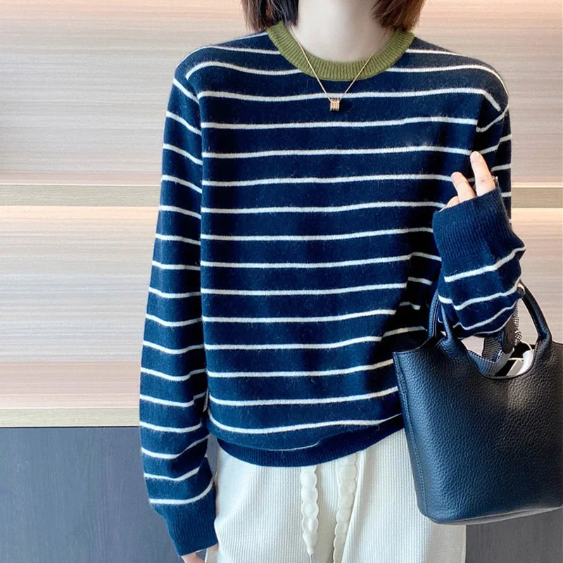 

2024 New Autumn Winter Women Round Neck Striped Jumpers Female Loose Thick Knitted Tops Ladies Contrast Color Sweater Tops X441