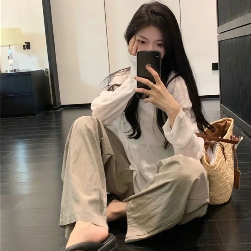 T-shirt sottile a maniche lunghe da donna, ampia, casual, elegante, con protezione solare, camicia base alla moda, girocollo, colore puro, pendolari, Harajuku