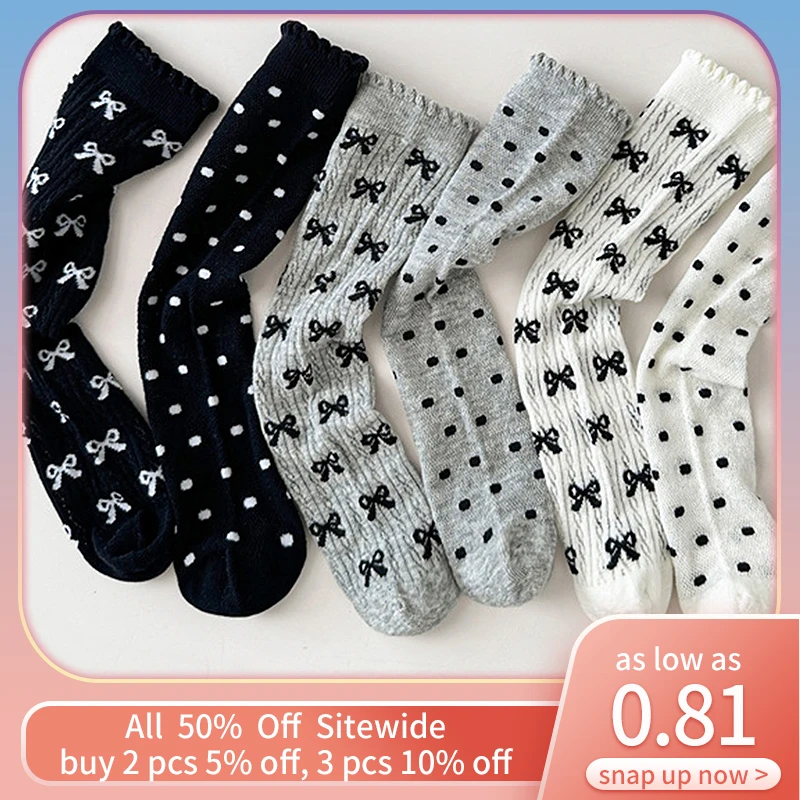 Dot Print Princess Girl Stockings Summer Thin Mesh Calf Socks Children Boneless Lace Long Socks Bow Kids Pile Stockings Footwear