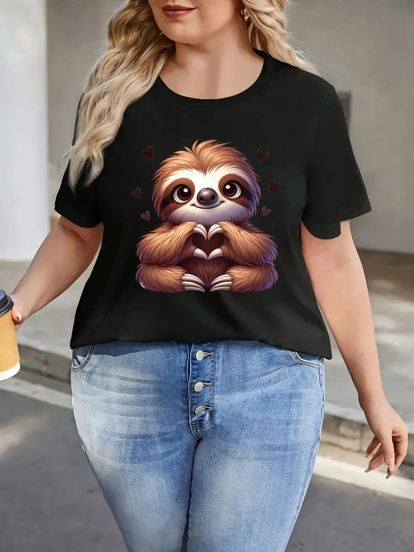

Plus - Size Women's Black Short - Sleeve T - shirt, Sloth Making Heart Print, Cute & Adorable
