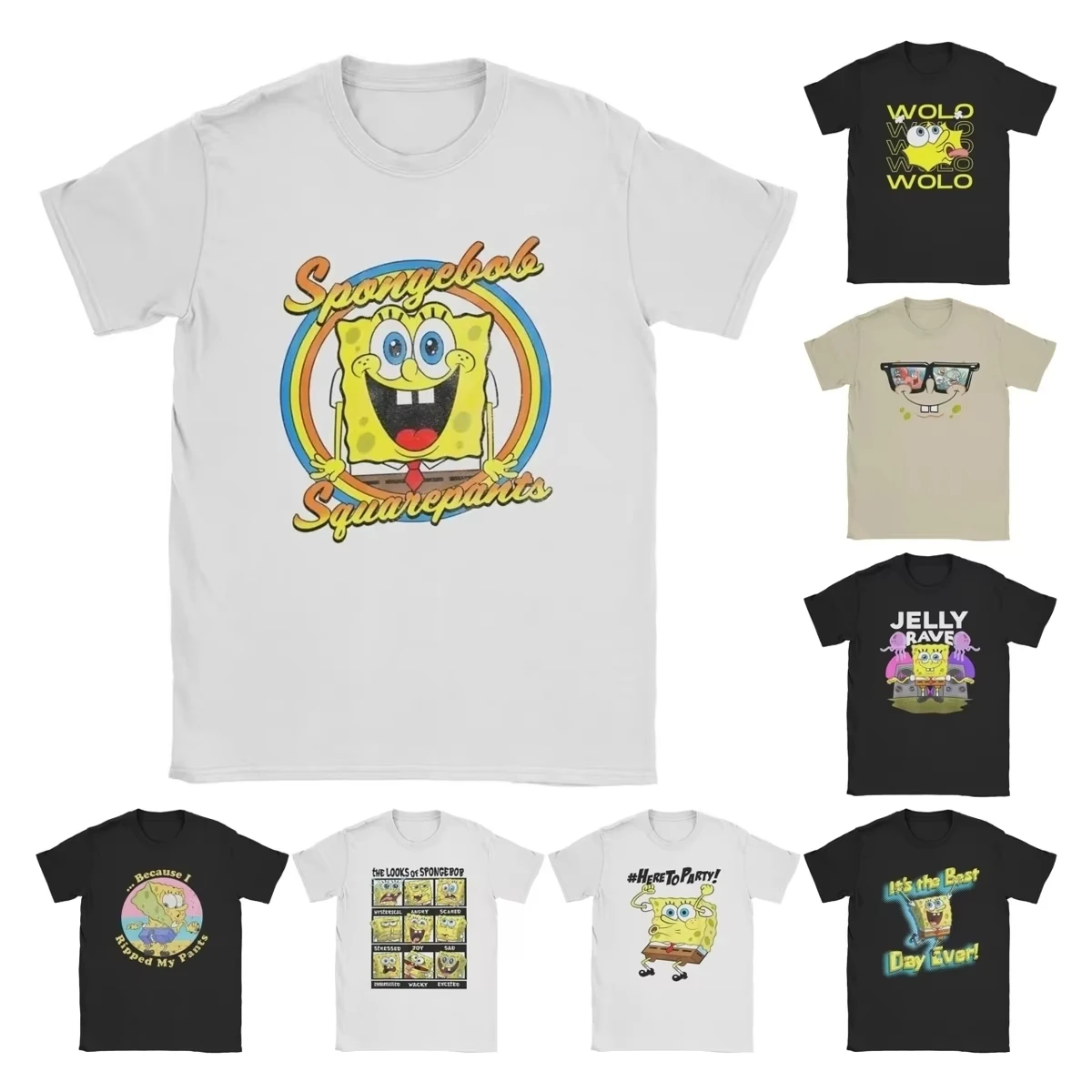 SpongeBob SquarePants Rainbow Portrait T-Shirt for Men Funny Cotton Short Sleeve T Shirts Cartoon Graphic Printed Tops Clothing