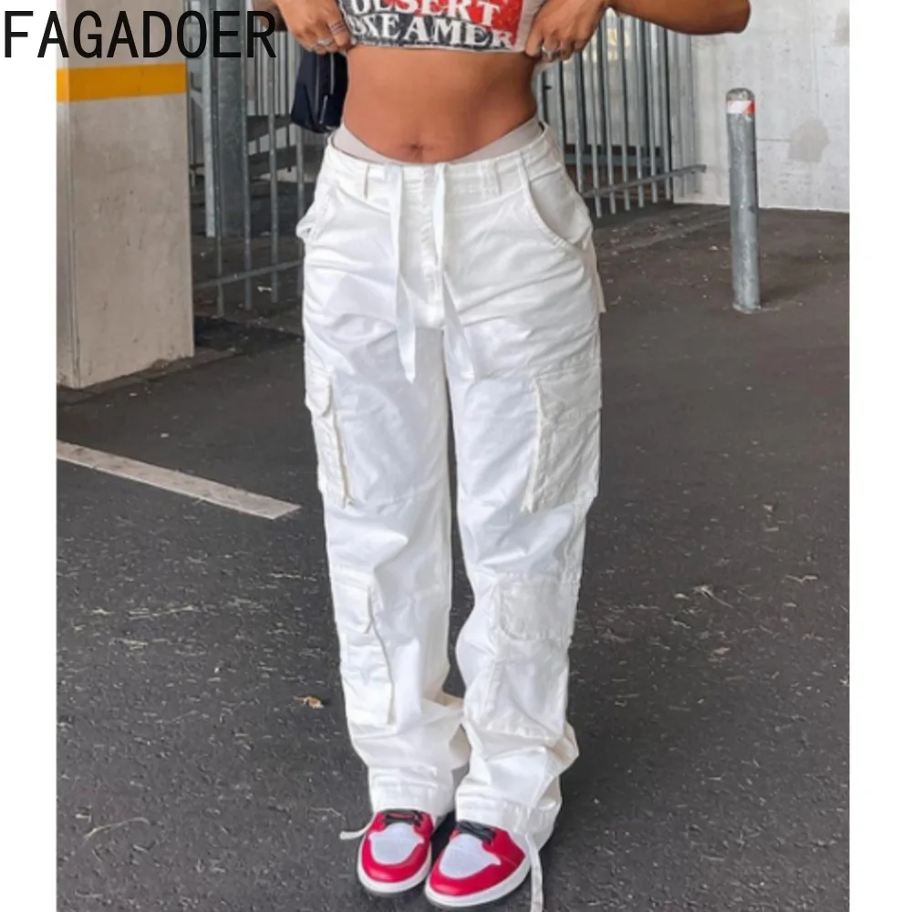 

FAGADOER Fashion Vintage Straight Denim Cargo Pants Women High Waisted Button Pocket Trousers Casual Female Jean Bottom Autumn