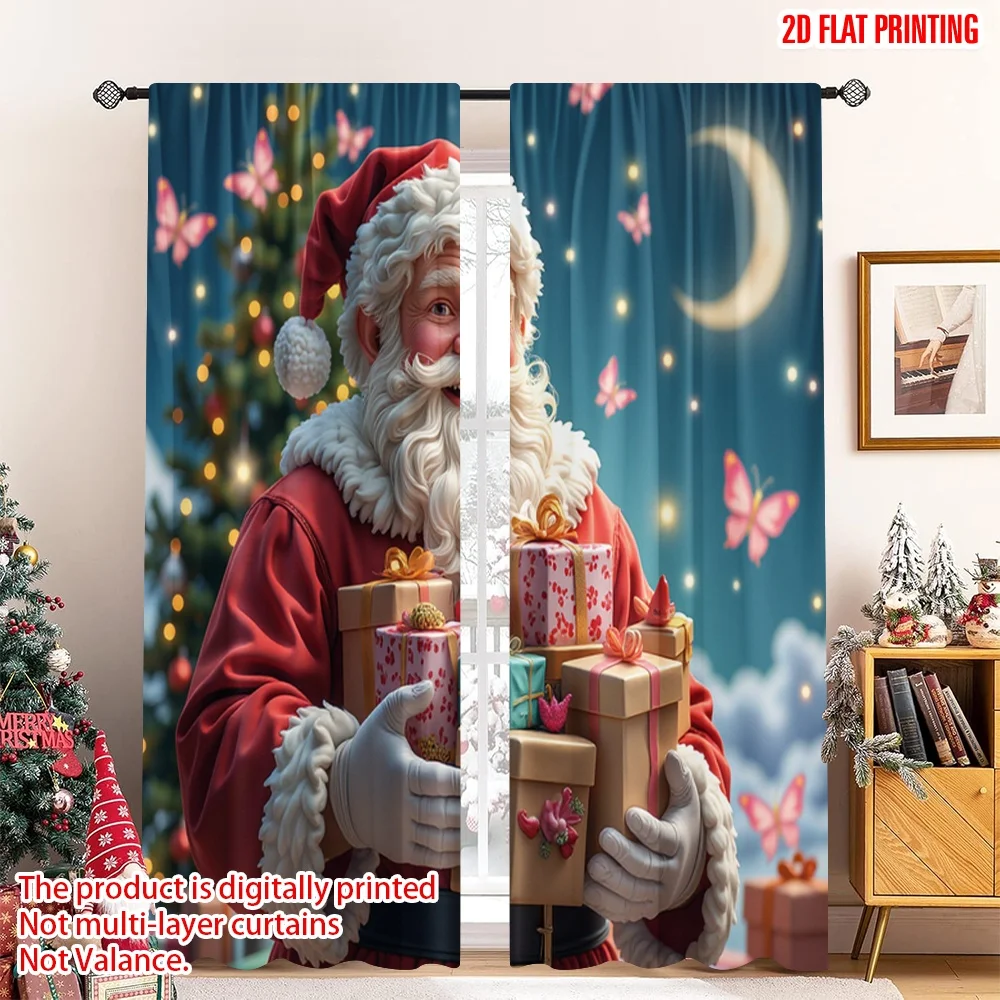 

2pcs 2D flat printing Merry Christmas Popular Curtains Santa Christmas Galaxy Butterfly Gifts 100% Polyester Without Electricity