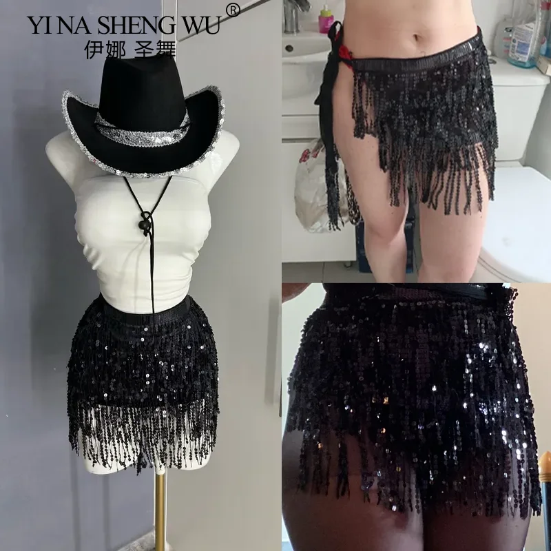 Sexy Women Belly Dance Hip Scarf 4-layer Sequin Tassel Waist Belt Dance Practice Performance Hip Waist Chain Halloween Skirt