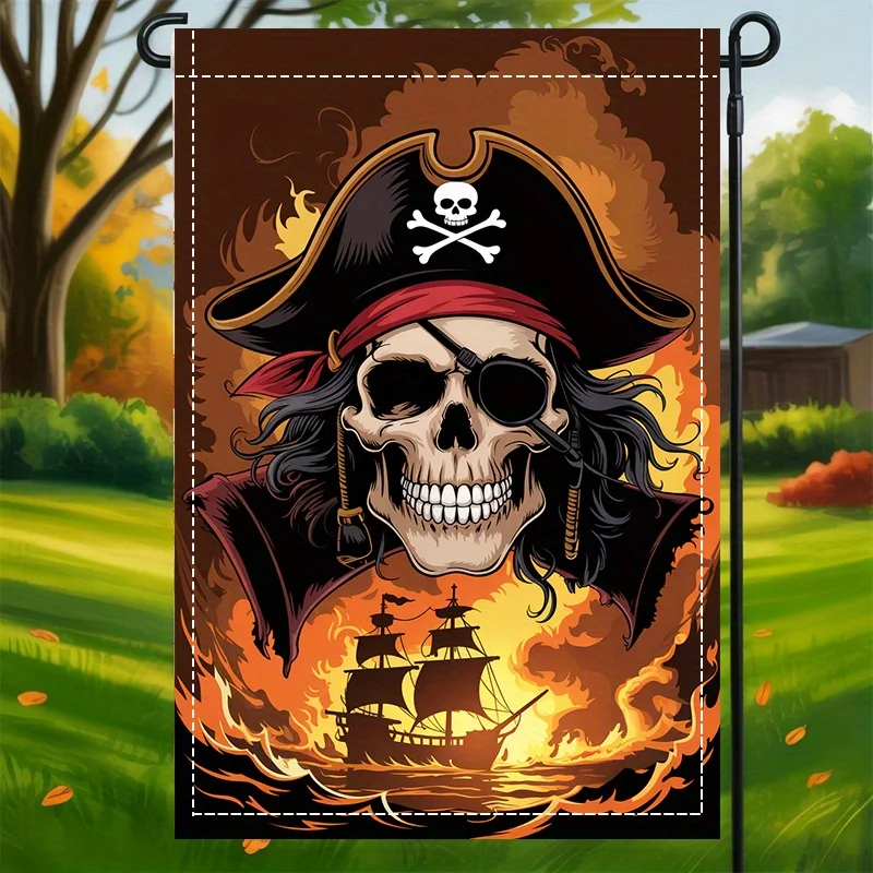 2D Flat, 2D Flat 1pc, Pirate Skull and Burning Ship, Double-sided, Washable, Multi-functional Festive Yard Decoration Flag, No Electricity Required, Suitable for Lawns, Porches or Gardens (Excluding Poles), 2D Flat
