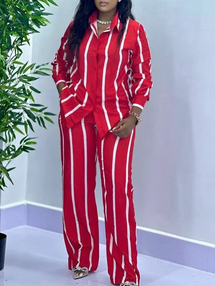 Women Two Piece Set Casual Stripes Print Long Sleeve Shirt Tops & Wide Leg Pants Set