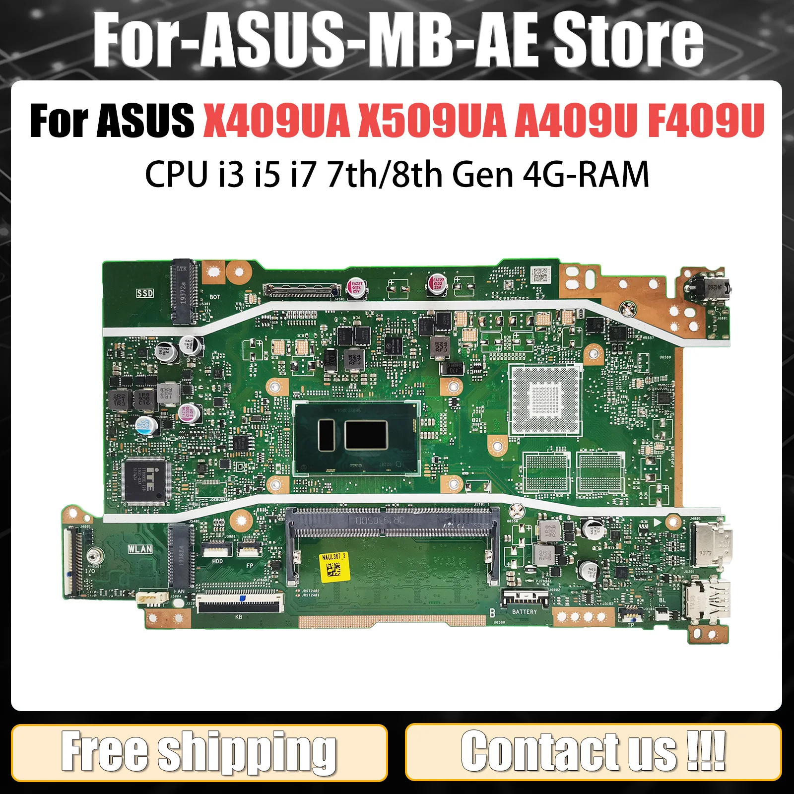 X409UA Laptop Motherboard For ASUS X509UA A409U F409U X409UB X509UB Mainboard With CPU i3 i5 i7 7th/8th Gen 4G-RAM Tested OK