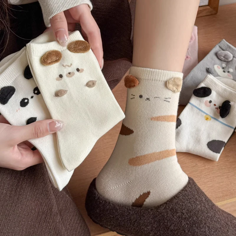 

3d Ear Animal Mid Tube Women's Socks 2025 Autumn and Winter Socks Japanese College Style Cute Girl Cotton Comfortable Socks