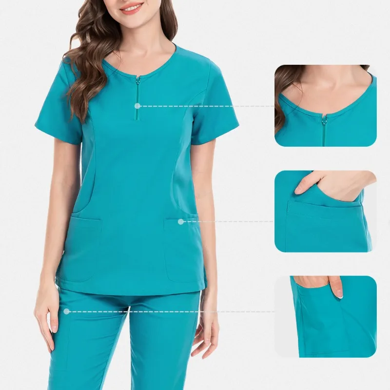 Ladies Medical Scrubs 5-Pocket Zipper V-Neck Uniforms for Nurses & Beauticians Micro Elasticity Hospital/SPA/Dental Clinic Use
