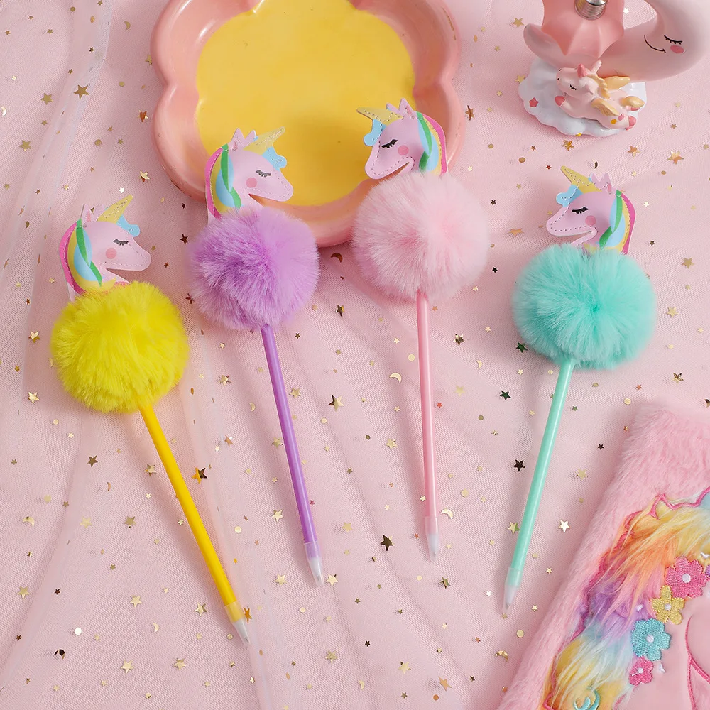 1PCS 4 Colors Children\'s Unicorn Plush Ball-point Pen Student Rainbow Note taking pen Fantastic Cartoon Girl Handwriting Pens