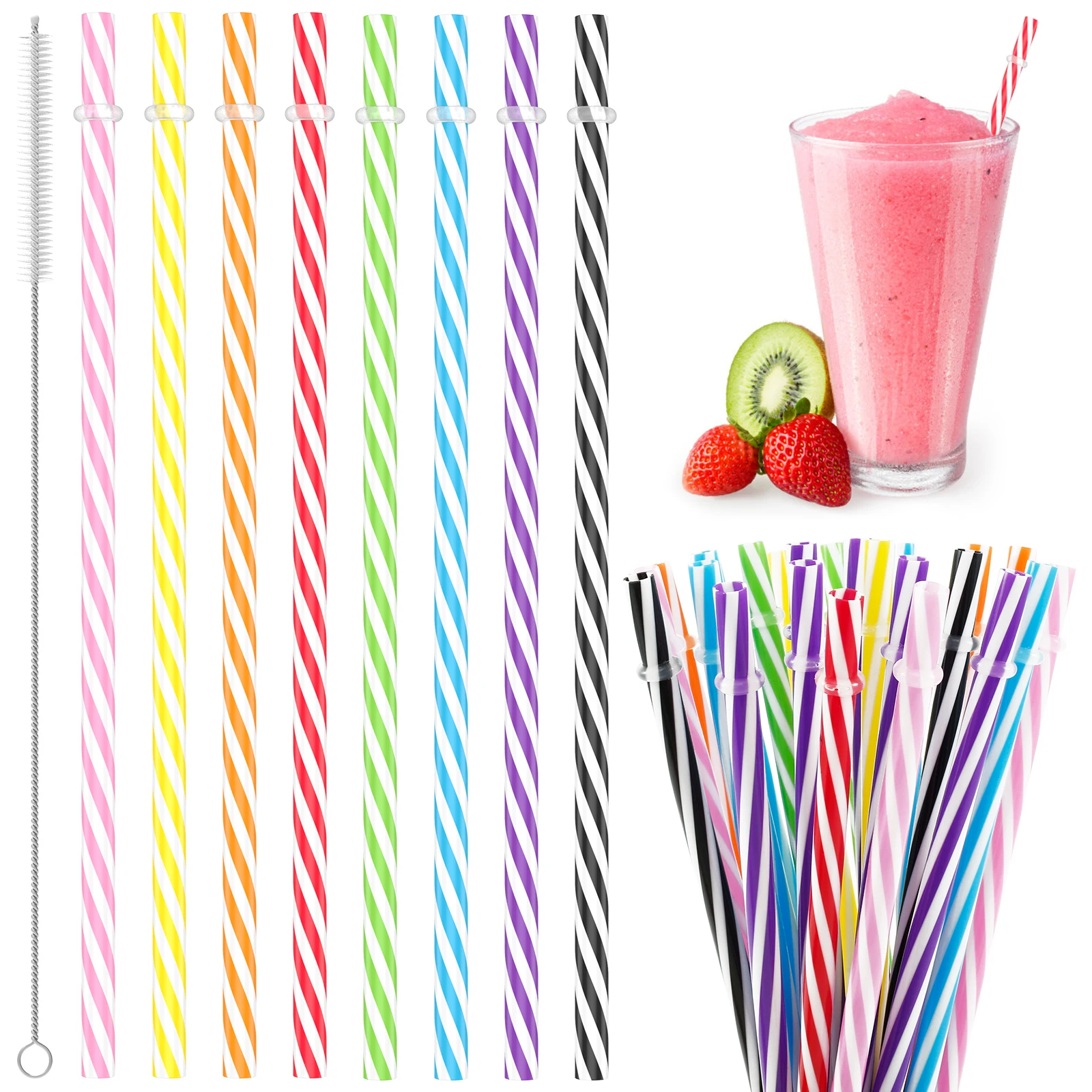 

24Pcs Drinking Striped Straws Hard Plastic Candy-Striped Straight Straws with Cleaning Brush Assorted Color for Party Gatherings