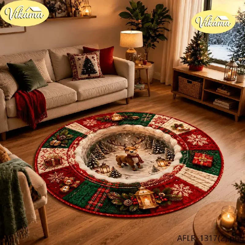 VIKAMA Christmas Round Rug Red Nose Reindeer Rudolph Gifts Area Rug Living Room Holiday Home Decor Aesthetic Art Large Premium