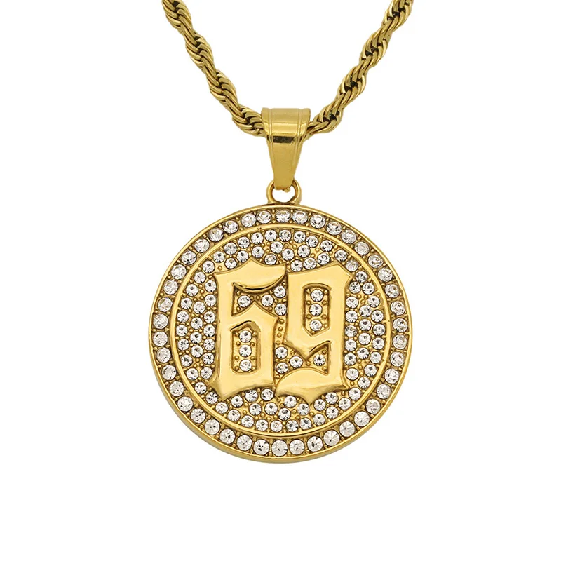 Hip Hop Rhinestones Paved Bling Iced Out Stainless Stee 69 Round Pendants Necklaces for Men Rapper Jewelry Drop Shipping