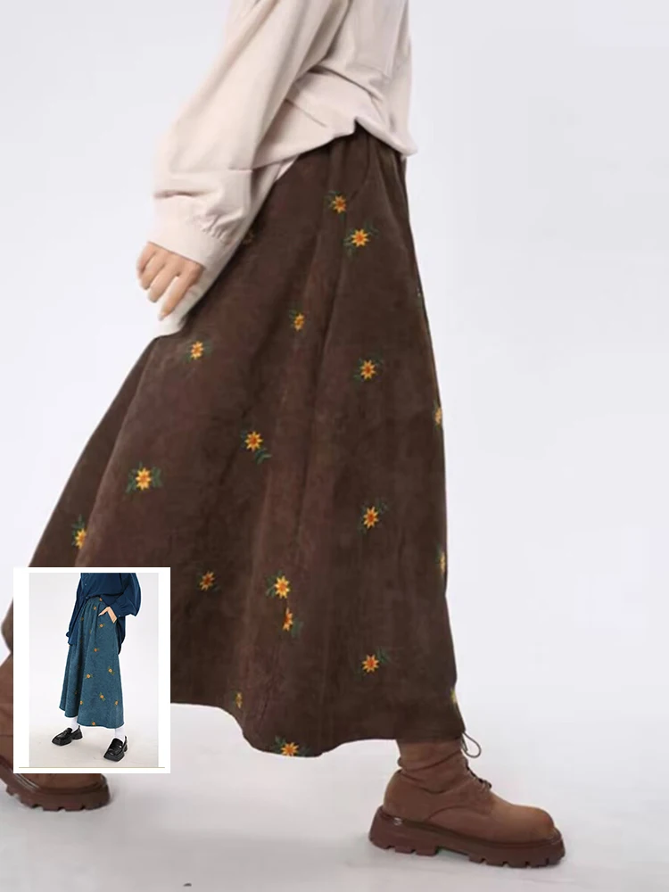 Plus Size Retro Embroidered Corduroy A-Line Midi Skirt plus Size High Waist Long Slimming Base Layer Women's Fashion Commute Sle