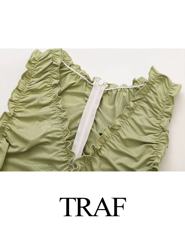 TRAF 2024 여름 원피스 솔리드 브이넥 민소매 슬림 플리츠 미디 드레스, 여성 백 지퍼, 섹시한 파티, 여성 이브닝 원피스