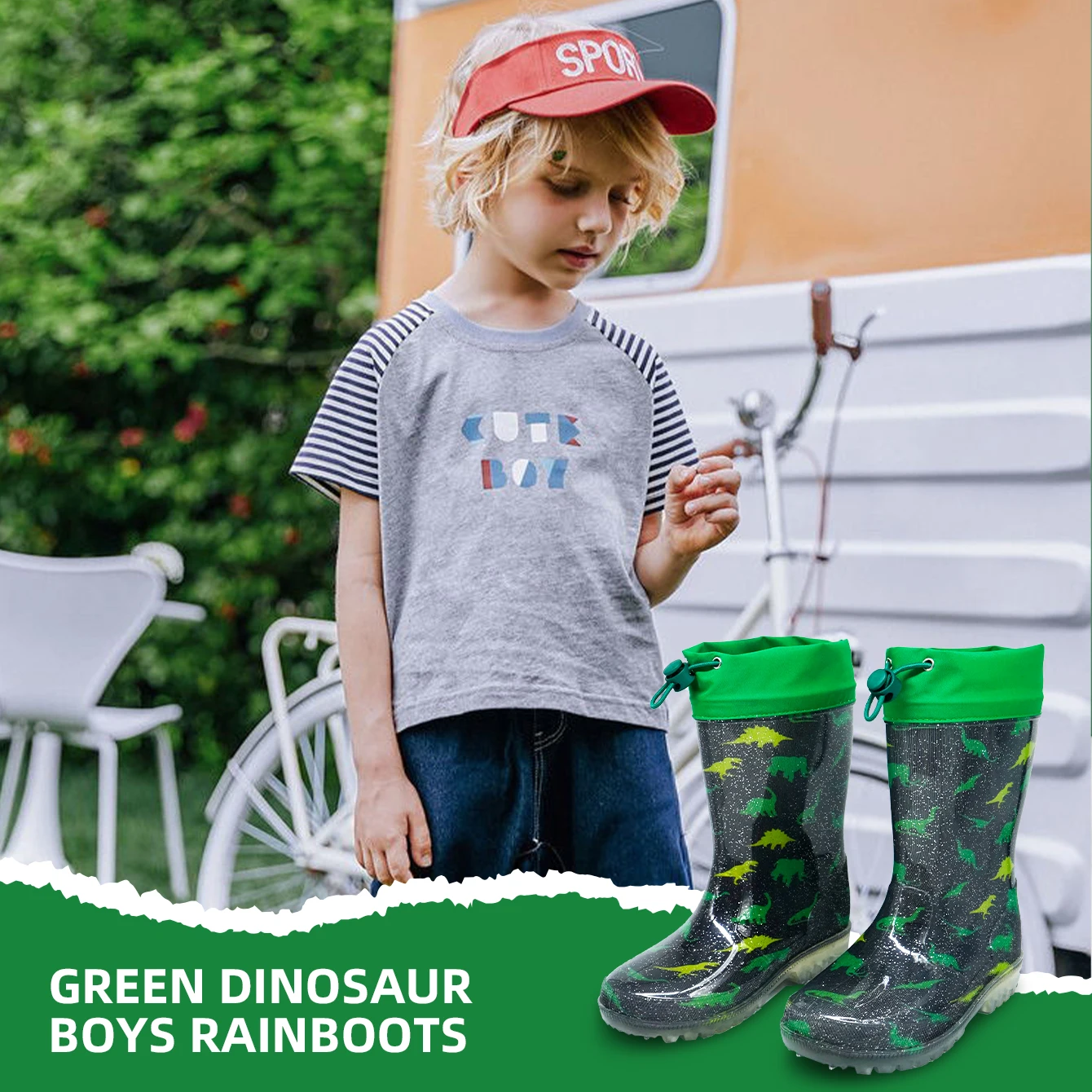 Dziecięce buty przeciwdeszczowe Outdoor Dinosaur Glitter Jelly z zapięciem na sznurek - Wodoodporne, antypoślizgowe buty do wody - Odporne na zużycie