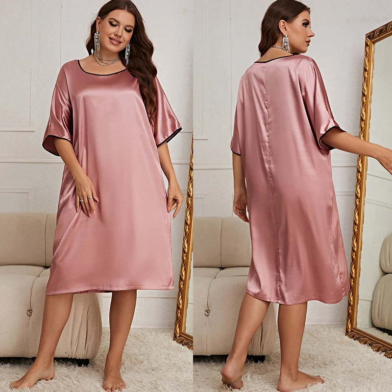 Women's Round Neck Nightdress Sexy Satin Nightgown Loose Casual Home Wear Spring Mid Length Sleepwear Large Size 5XL Nightwear