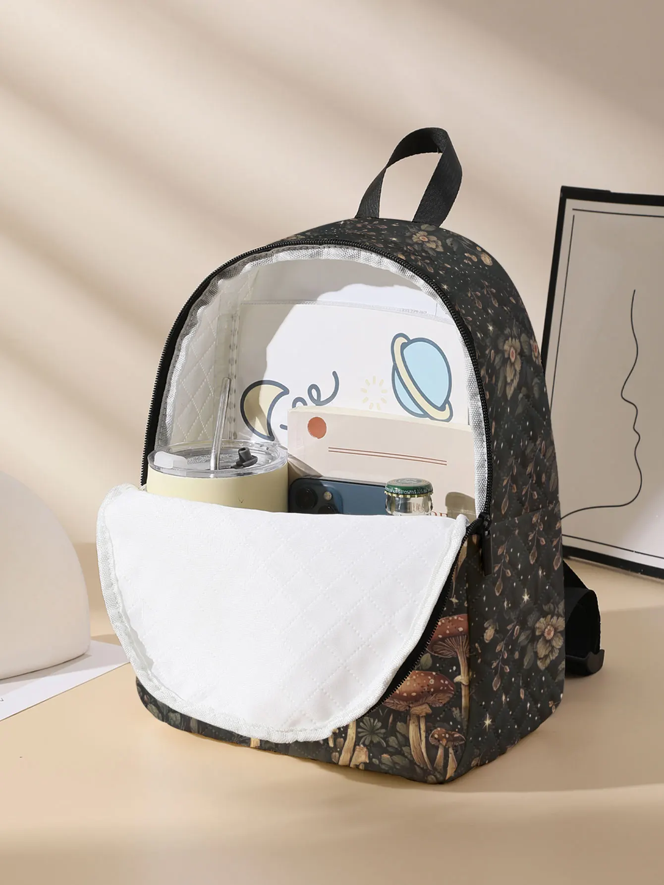 Bat Moon Mushroom Floral Print Quilted Compact Backpack, Suitable For Outdoor, Travel, Campus, Unisex For Men And Women Daily Us view 5
