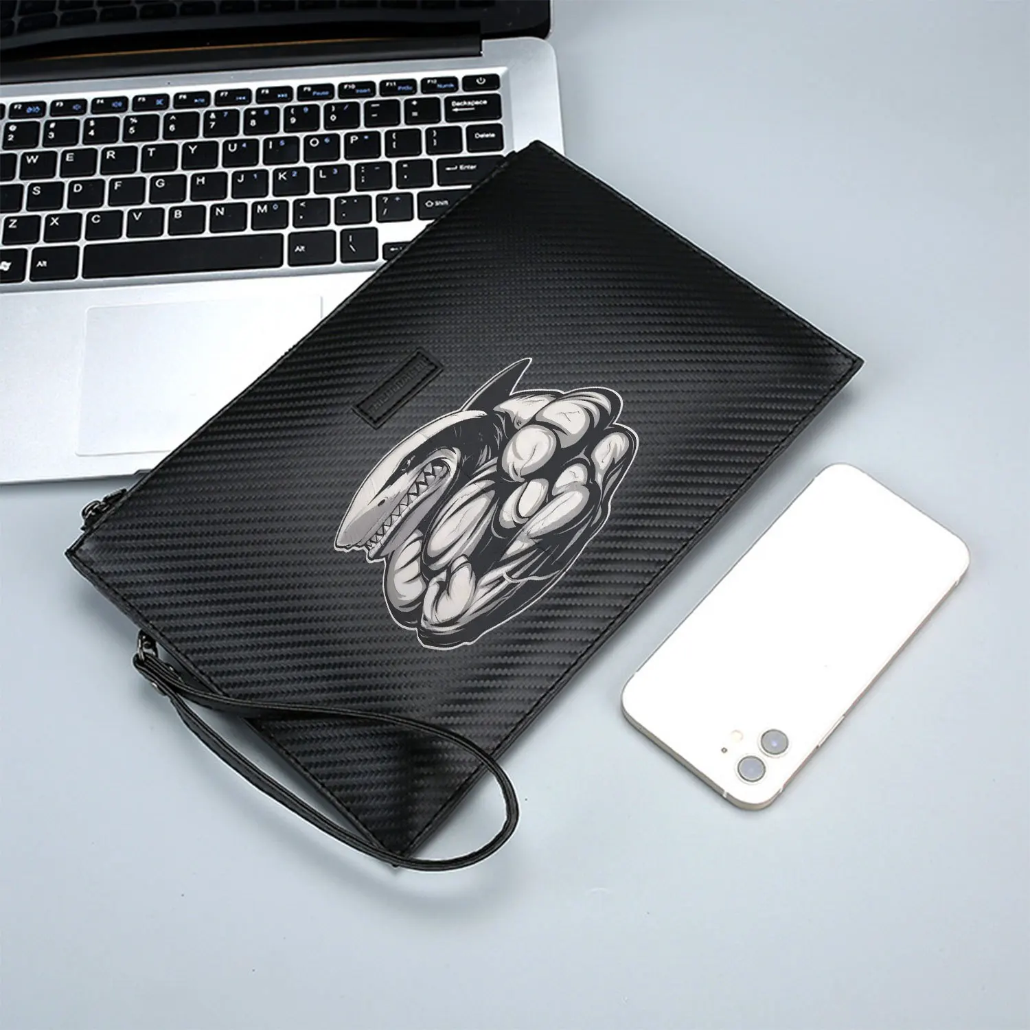 Shark strong muscle body. Teeth. Elegant Printed PU Men's Handbag Fashionable and Practical for Everyday Carry