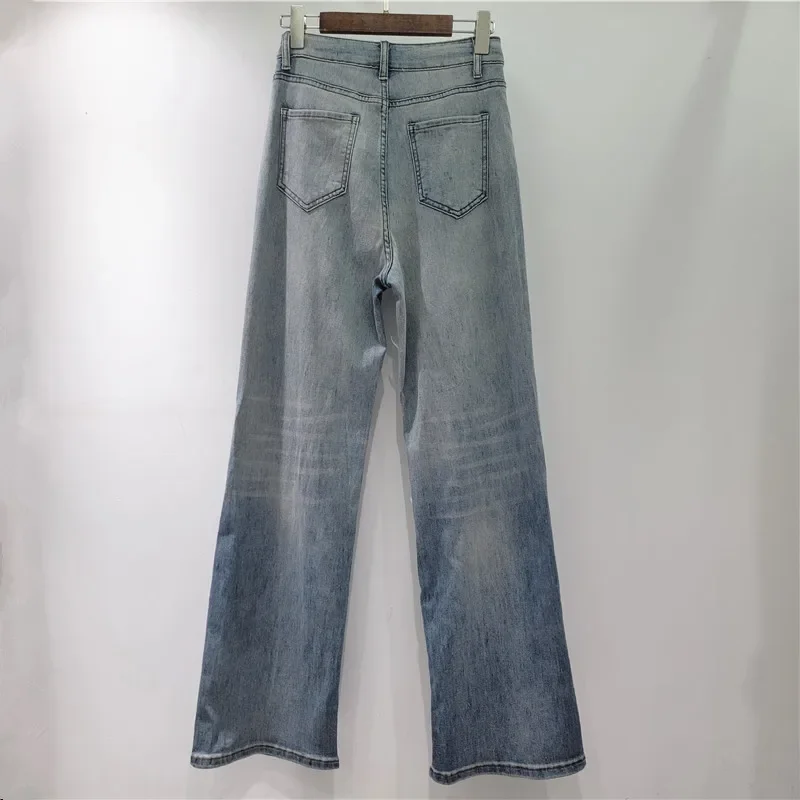 Women's Jeans Flowers Pendant Patchwork Lace Hollow Out High Waist Straight Denim Pants 2025 New Fashion Summer Female Trousers