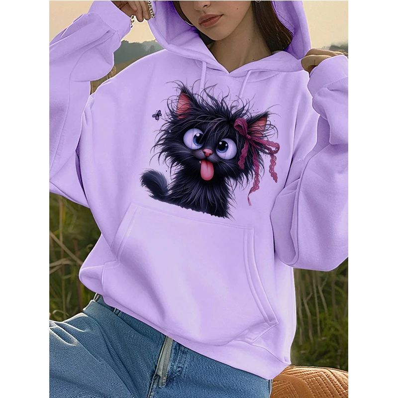Schwarze sarkastische Katze mit roter Schleife bedruckte Hoodies Kleidung Damen Herbst Winter Grafik Kapuzen Vintage Y2k Sweatshirts Pullover