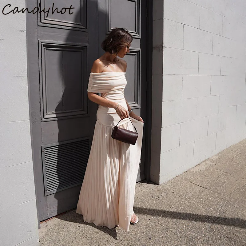 

Candyhot Slash Neck Elegant Off Shoulder Solid Bodycon Dress Pleated Sleeveless Slim Maxi Dresses Y2K Fall Lady Evening Vestidos