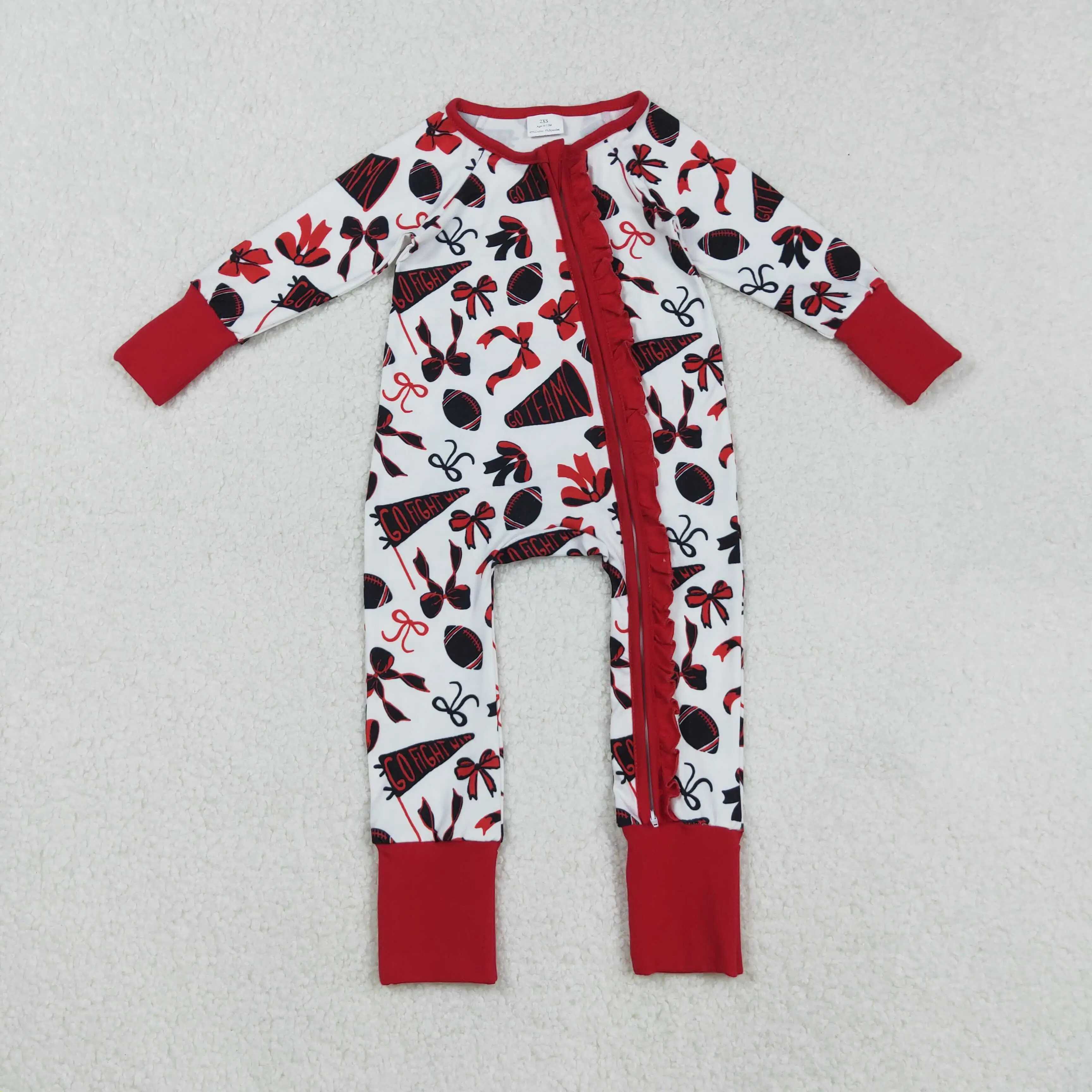 

10.21y Red Lace Zipper Long Sleeve Jumpsuit Wholesale Winter Baby Girls Romper Football Horn Bow Pattern