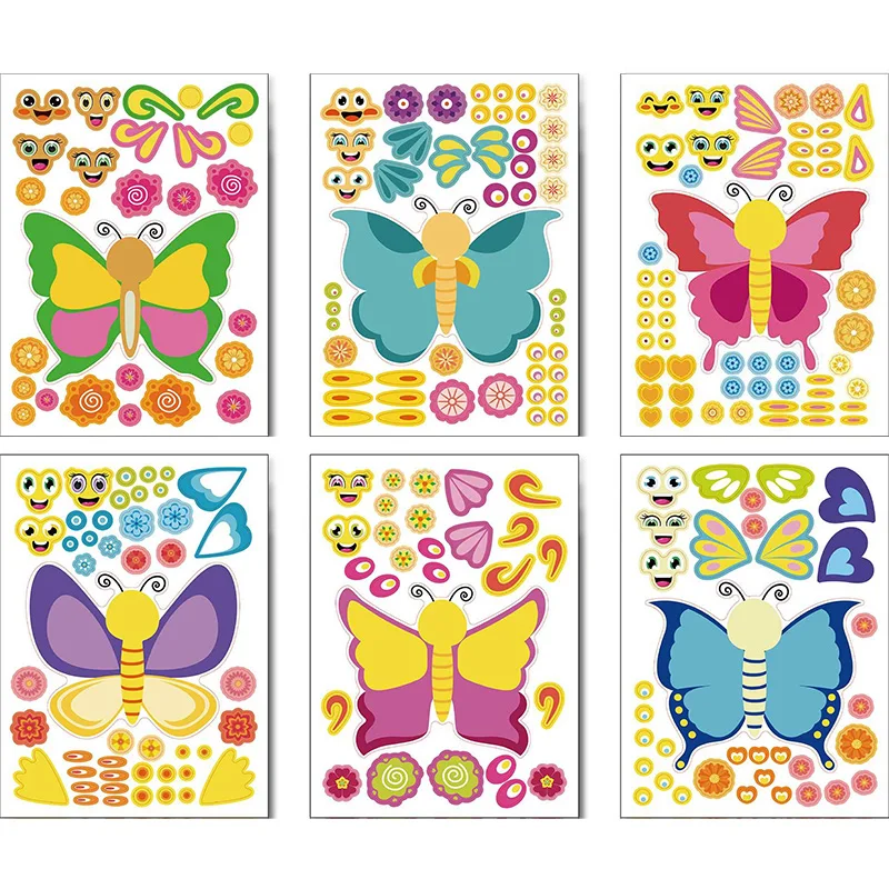 6 Sheets/Set Make A Face Cartoon Butterfly Sticker Kids DIY Handcraft Assembly Stickers Decoration Children Gifts