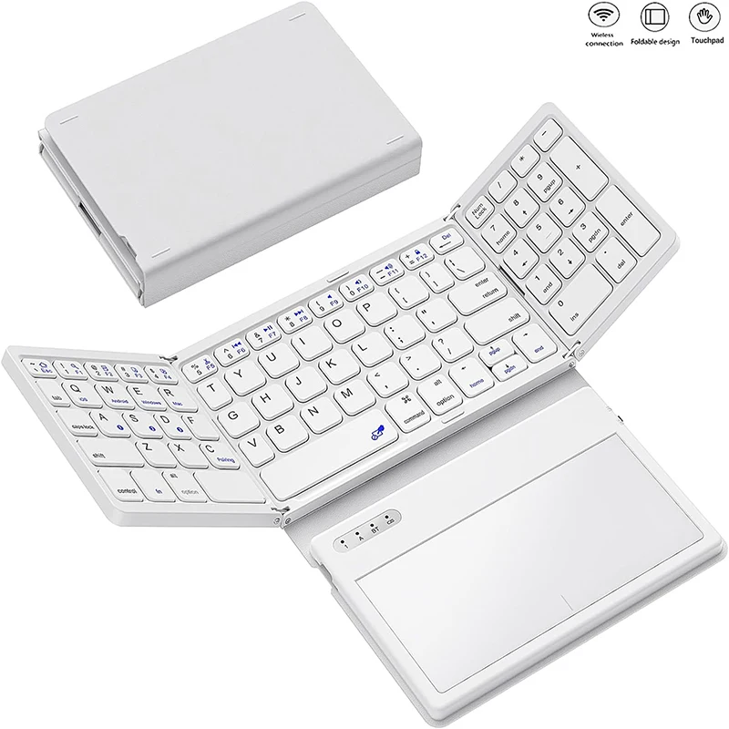 Leather Foldable Three BT Connection Wireless Keyboard With Large Toupad Full Size 80 Keys Rechargeable Wireless Silent Keyboard