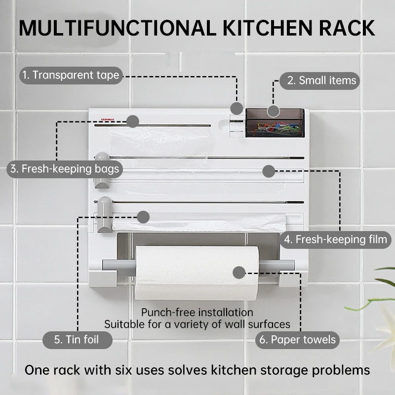 Wall Kitchen Roll Holder 4 In 1 Preservative Film Plastic Wrap Cutter Dispenser Napkin Sauce Bottle Storage Kitchen Organiser