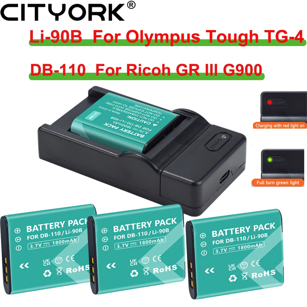 Li-90B / DB-110 Battery For Olympus Tough TG-4 TG-6 TG-5 TG-2 IHS  SH-60 SH-50 IHS, SP-100,For Ricoh GR IIl G900 GR IIIX+charger