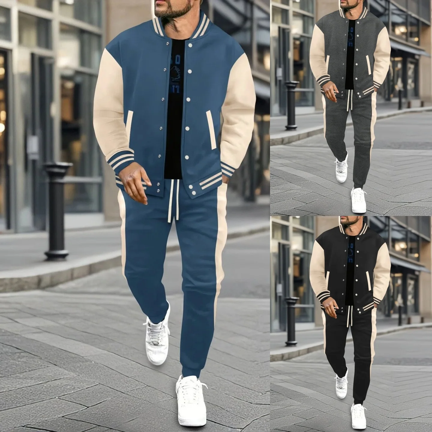 

Spring And Autumn Men's New Tyle Casual Baseball Jacket Long-Sleeved Long Pants Set -Fashionable Buttons And Loose Two-Piece Set