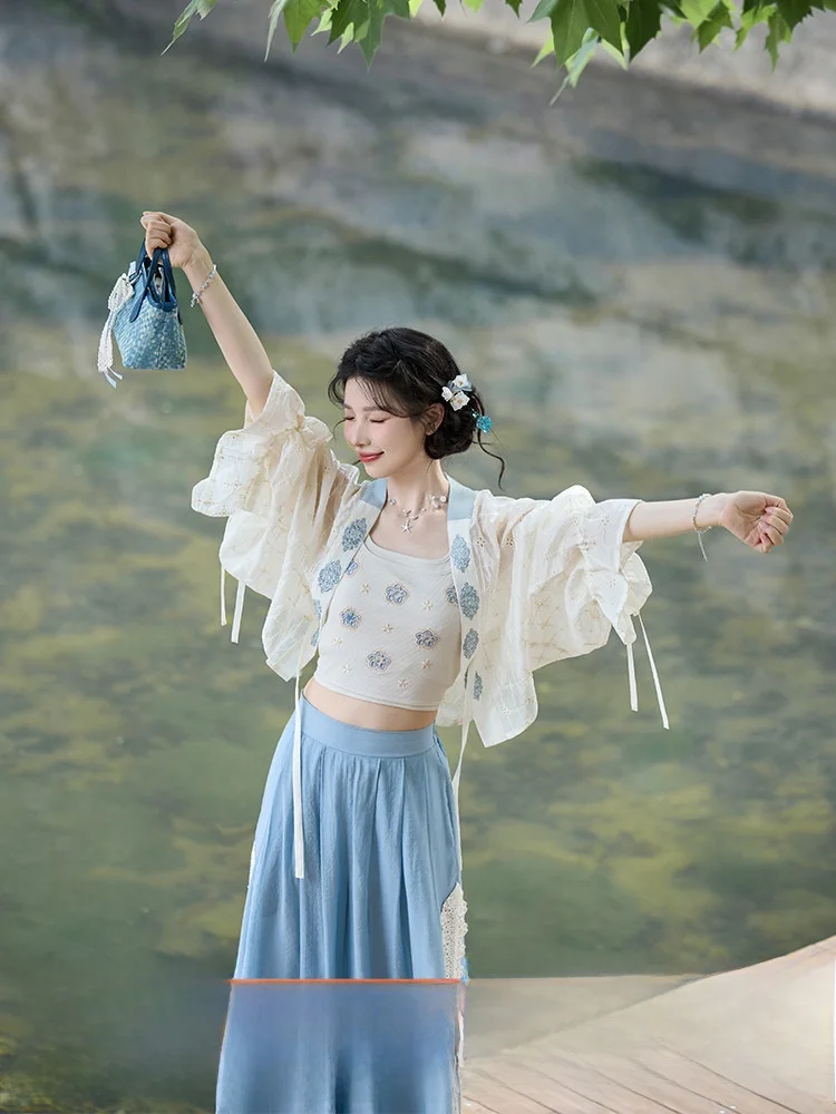 

July Evening Original Hanfu Blue Coast Versatile Strap Straight Collar Button ort irt Song Pants Set Women Summer New