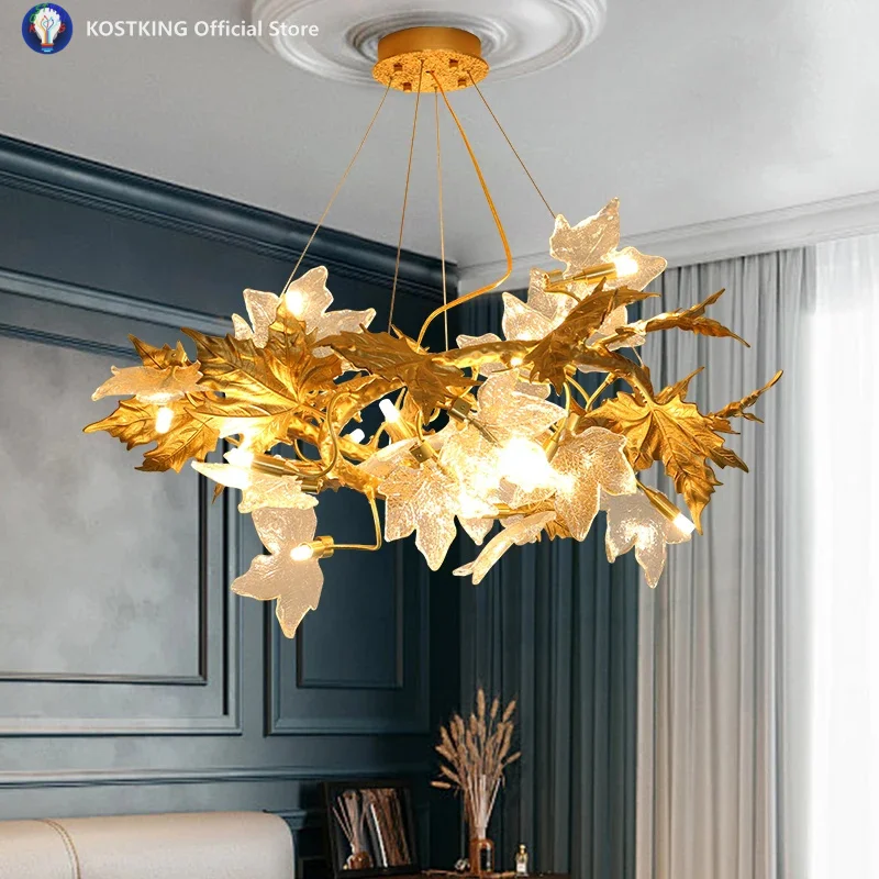 

Роскошная медная люстра в виде ветки дерева с кленовым листом, стеклянный абажур для гостиной, кухонного стола, подвесные светильники с золотыми листьями