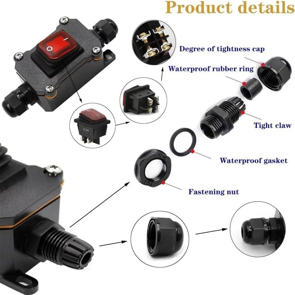 Auto Accessories 110V-220V Inline Power Cord Switch 12V-24V 30A High Current Connetor Waterproof IP67 Junction Box