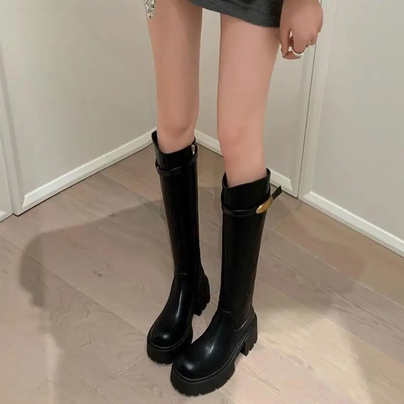 Women Knee High Boots Buckle Strap Chunky Platform Long Boots Autumn Winter Round Toe Side Zip Riding Knight Boots Shoes
