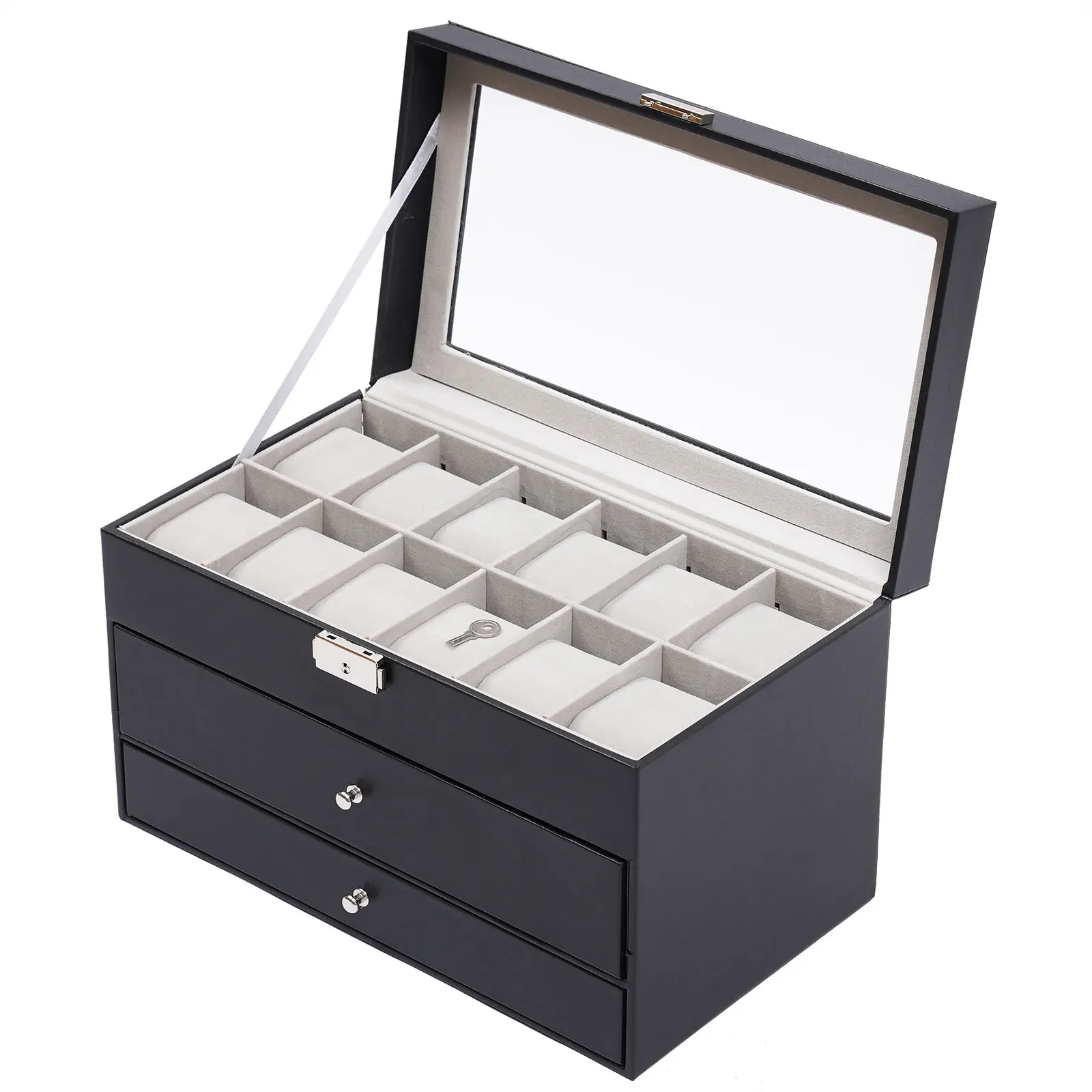 3 Layer Black Leather Watch and Eyeglasses&Sunglasses Box with Jewelry Display Drawer Metal Buckle Case Organizer