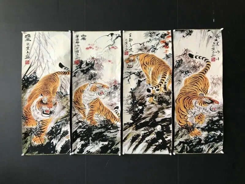 

Старый китайский шелк Вышивка Четыре экрана картина "Тигр" 60259