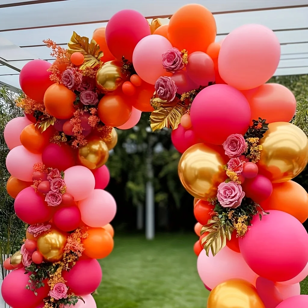 126pcs Hot Pink Orange Balloon Garland, Dark Pink Orange Golden Balloons Arch Kit For Shower Birthday Fiesta Tropical Luau Summer Party Decorations view 2