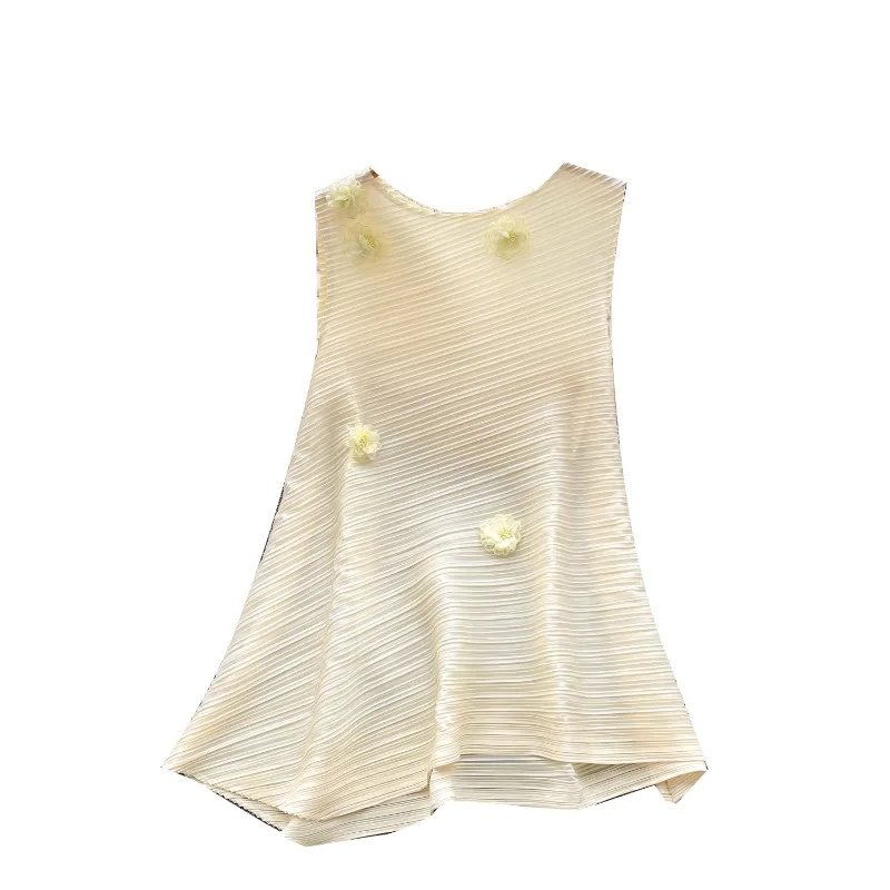 T-shirt senza maniche stile europeo e americano SuperAen per donna Estate nuove top larghi a pieghe con fiori tridimensionali