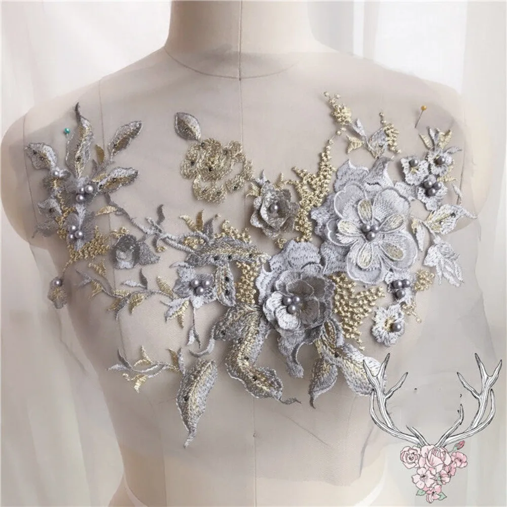 3D Dress Applique Beaded Tulle Pearl DIY Flower Wedding Lace Embroidery Bridal