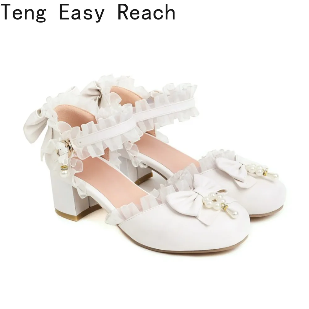 Women's White Princess Pumps Pink Bowknot Pearls Cross Strap Shoes Ruffles High Heels Lady Lolita Party Shoes Big Size 32-48