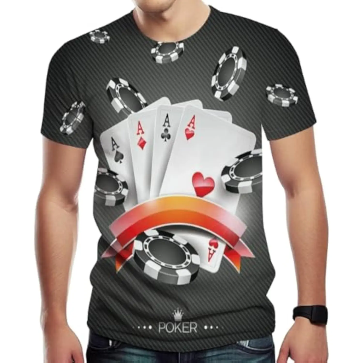 2024 Summer Men's 3D Novelty T-Shirt, Display of The Spread Chips with Poker Cards Lifestyle mens Clothing tops & tees