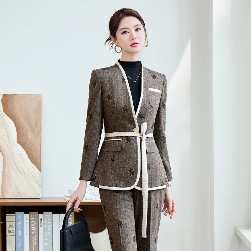 الخريف الشتاء السترة أنيقة رسمية الراقية المطبوعة دعوى المرأة رمادي قطعتين عمال النساء السراويل مجموعة