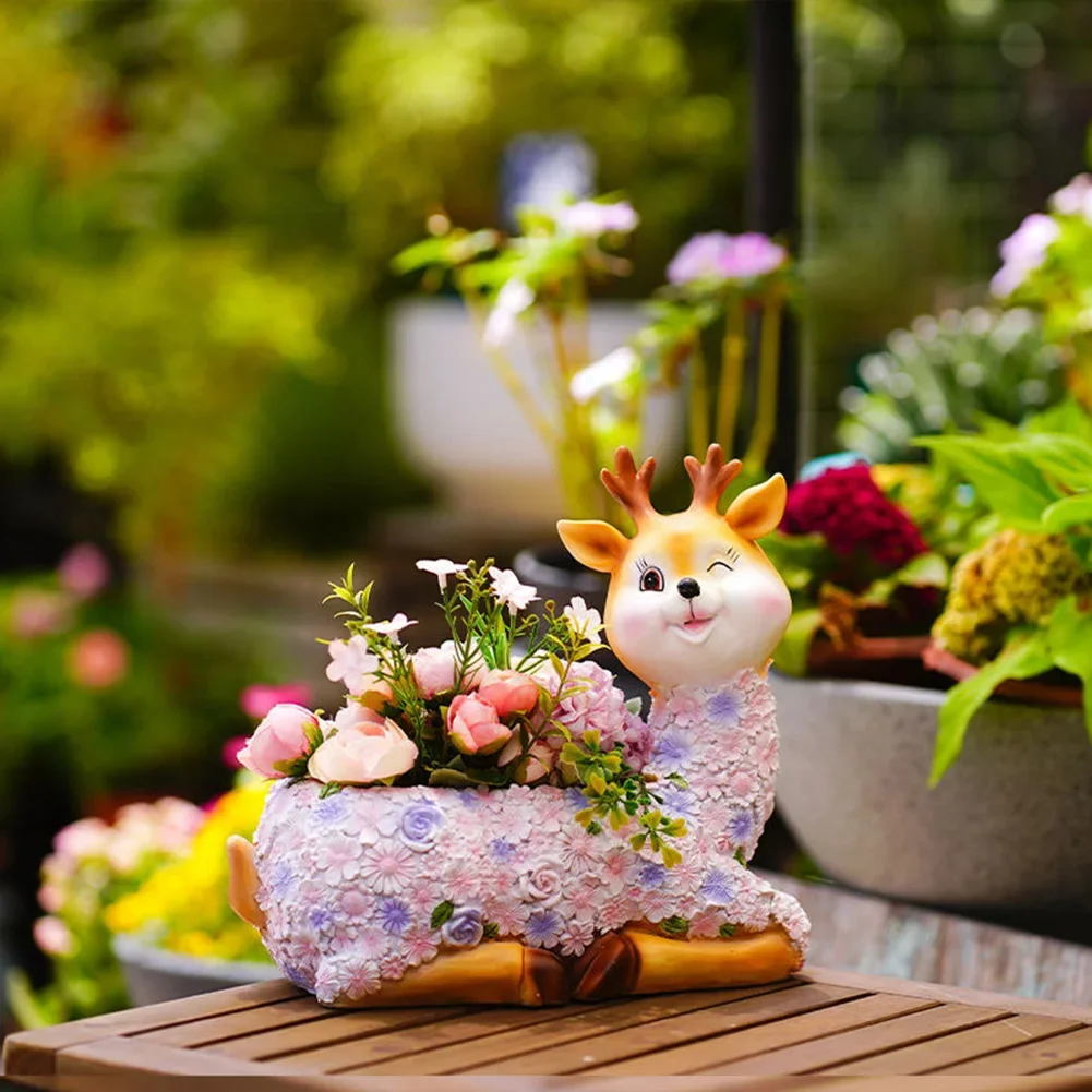 

Cute Deer Shaped Resin Planter,Hand-painted Pink Floral Animal Figurine Flower Pot, for Succulents, Small Plants,Home Decoration